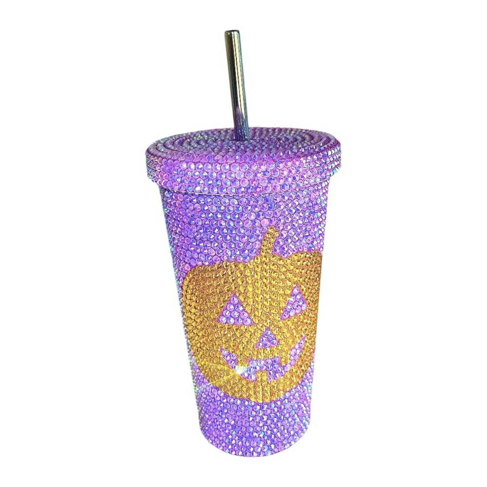 Sparkling Purple and Orange- Gold Rhinestones Make This Tumbler Pumpkinrific